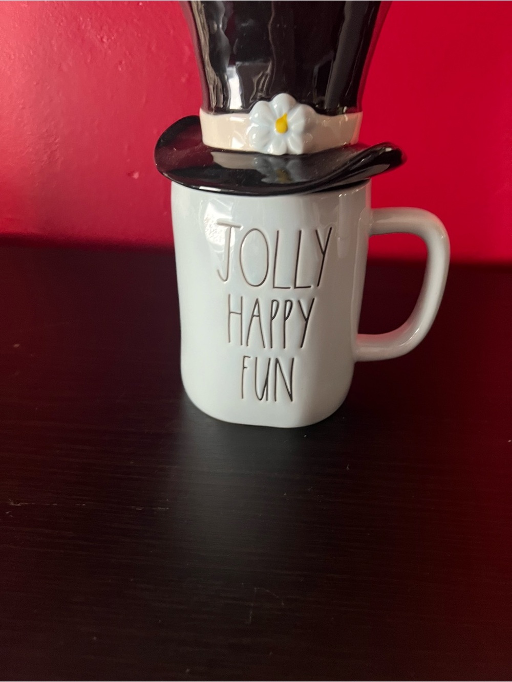 Rae Dunn blueish white Jolly Happy Fun' Ceramic Mug with Black Hat Lid